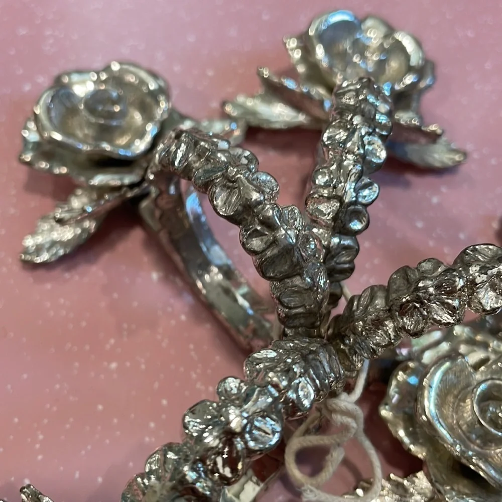Vintage Silver Tone Metal Rose Design Napkin Ring Holders Set of 8